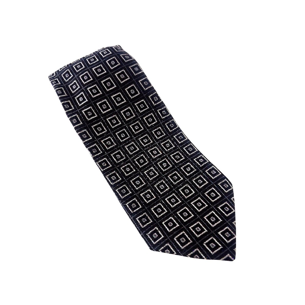 Roundtree & Yorke Mens Silk Necktie Blue Black Geometric Square Made in USA